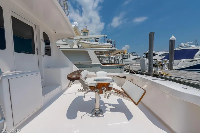 No Pressure Yacht Photos Pics 2007 Post 53 Convertible yacht docked at marina under clear blue sky.