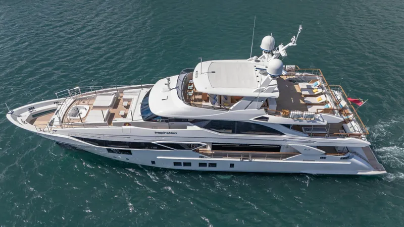 Inspiration Yacht Photos Pics Luxury 2018 Benetti Fast 125 yacht cruising on open water, aerial view.