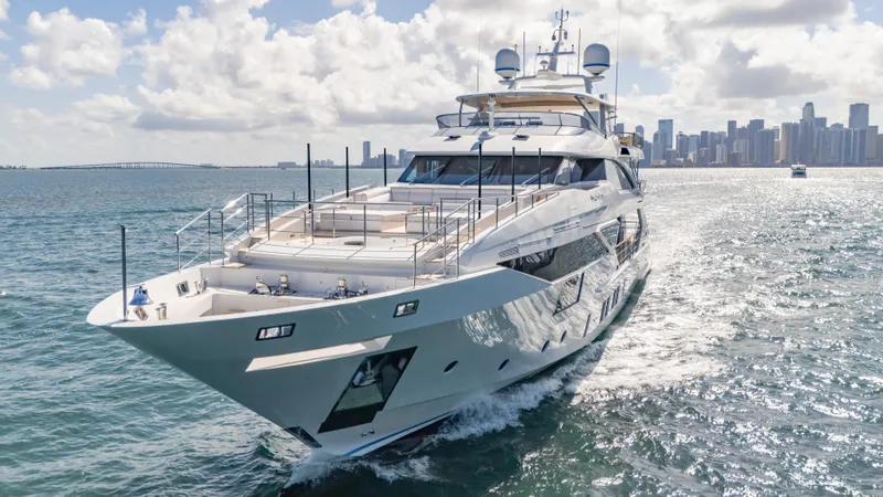 Inspiration Yacht Photos Pics Luxurious 2018 Benetti Fast 125 yacht cruising near city skyline on sunny day.