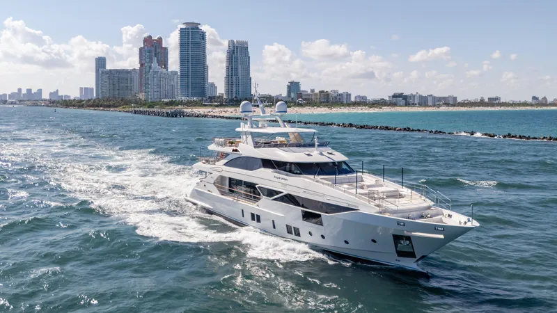 Inspiration Yacht Photos Pics Luxurious 2018 Benetti Fast 125 yacht cruising near a city skyline.