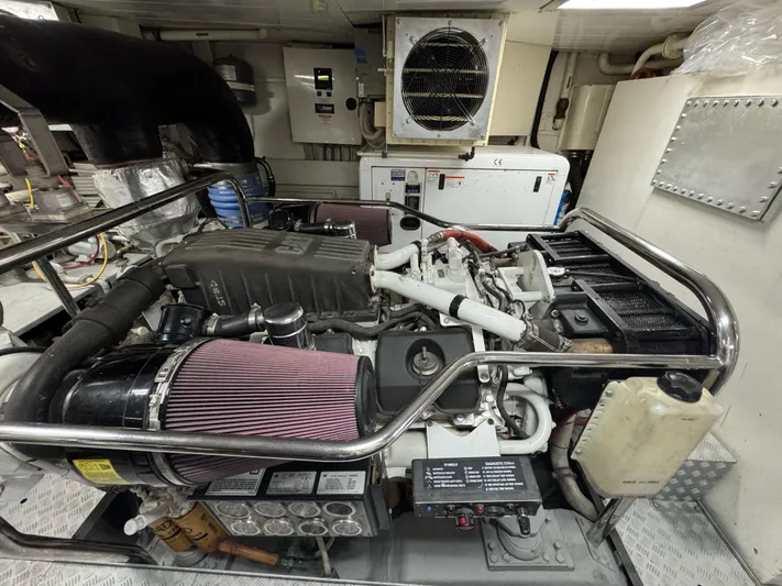 G-one Yacht Photos Pics Engine room of a 2009 Azimut 82 yacht, showcasing machinery and equipment.