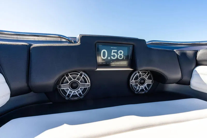  Yacht Photos Pics 2020 Cigarette 42' Auroris dashboard with GPS speed display and speakers.