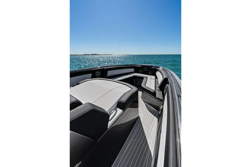  Yacht Photos Pics 2020 Cigarette 42' Auroris boat interior with sleek seating on open water.