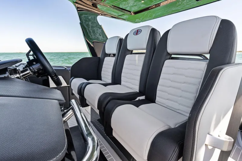  Yacht Photos Pics Luxury seating on 2020 Cigarette 42' Auroris boat with ocean view.