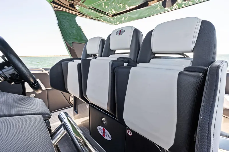  Yacht Photos Pics Interior seating of 2020 Cigarette 42' Auroris boat, featuring modern design and comfort.