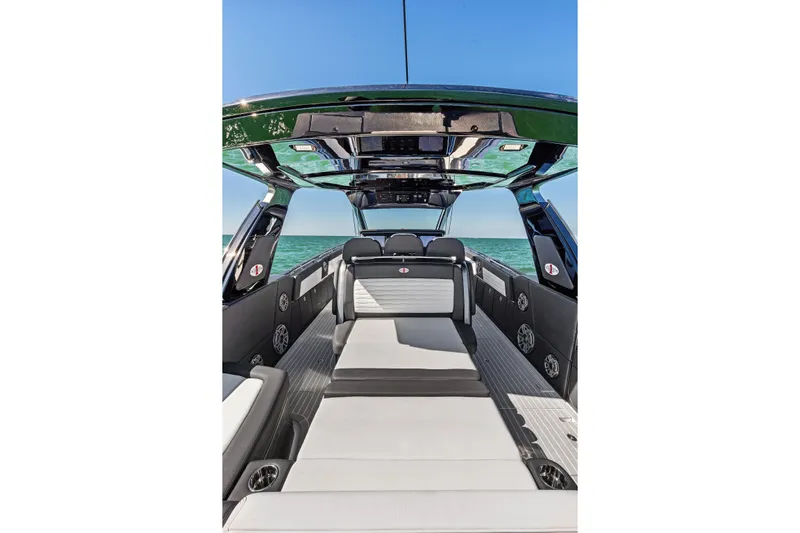  Yacht Photos Pics 2020 Cigarette 42' Auroris luxury boat interior with sleek seating and ocean view.