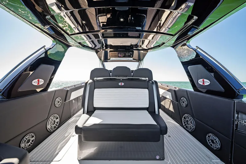  Yacht Photos Pics 2020 Cigarette 42' Auroris luxury boat interior with sleek seating and ocean view.