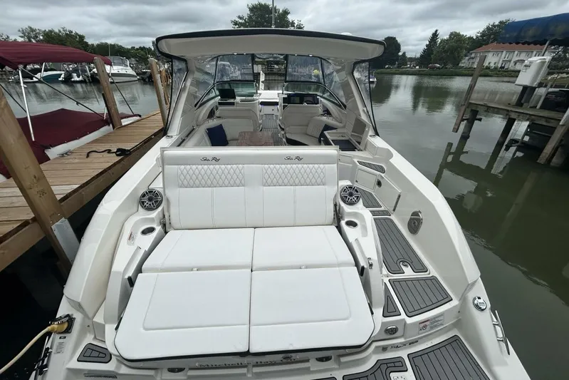  Yacht Photos Pics 2020 Sea Ray 350 SLX luxury boat docked, featuring spacious seating and sleek design.