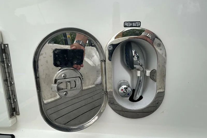  Yacht Photos Pics Freshwater shower compartment on a 2020 Sea Ray 350 SLX boat.