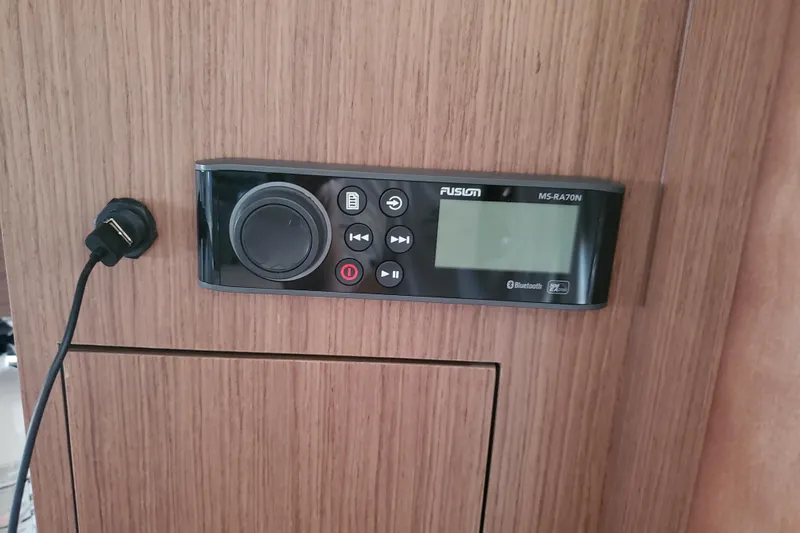  Yacht Photos Pics Fusion MS-RA70N stereo system on 2021 Beneteau Flyer 10 boat interior.