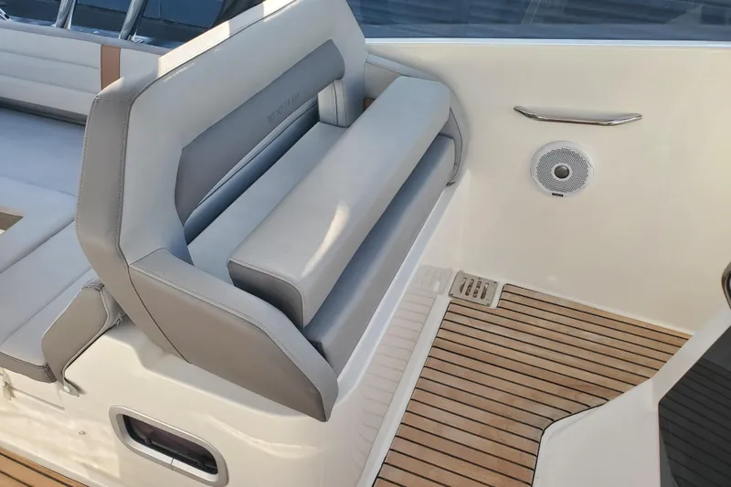  Yacht Photos Pics Luxury seating on 2021 Beneteau Flyer 10 boat with teak flooring.