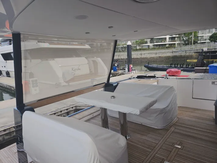  Yacht Photos Pics 2024 Azimut Magellano 60 yacht deck with covered seating and marina view.