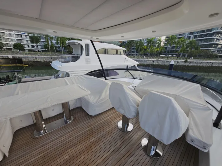  Yacht Photos Pics Luxurious 2024 Azimut Magellano 60 yacht deck with covered seating and modern design.