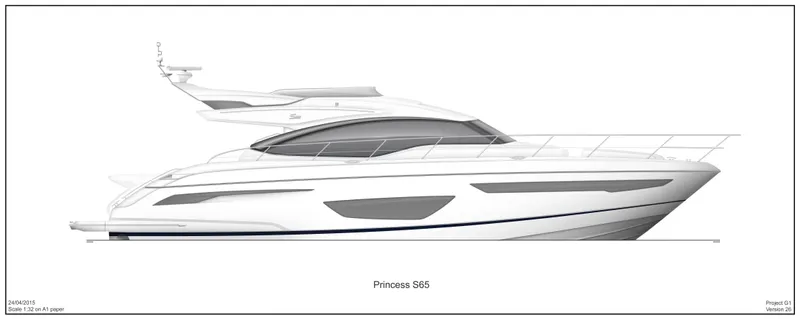  Yacht Photos Pics Side view of 2025 Princess S65 luxury yacht design.