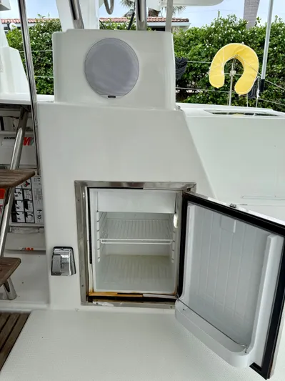 Cerebral Seabatical Yacht Photos Pics Open mini fridge on 2019 Fountaine Pajot Saona 47 catamaran deck.