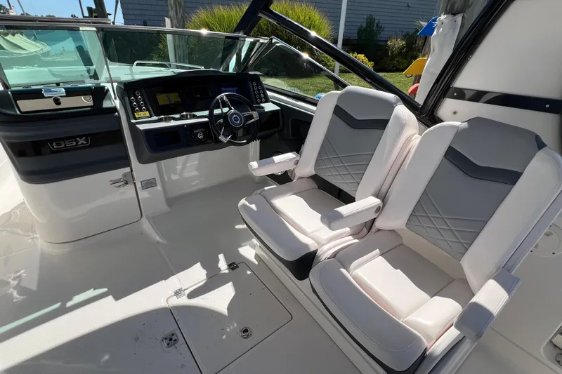  Yacht Photos Pics Interior of 2020 Chaparral 280 OSX boat with dual seats and modern dashboard.