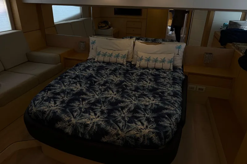  Yacht Photos Pics Luxurious Schaefer 56 yacht bedroom with palm-themed bedding, 2017 model.