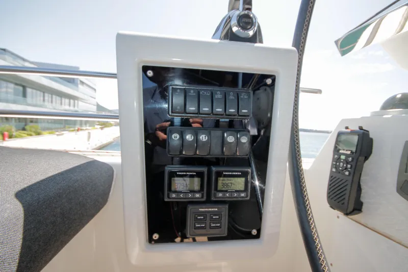  Yacht Photos Pics Control panel of 2019 Lagoon 620 Essense yacht with switches and display.