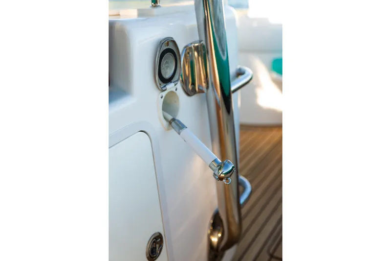 Toto II Yacht Photos Pics 2019 Mag Bay 33 CC boat detail with stainless steel fittings and teak deck.