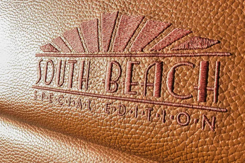 Sea Ya Later Yacht Photos Pics Embossed leather with "South Beach Special Edition" design on 2021 Cruisers Yachts 42 GLS OB.