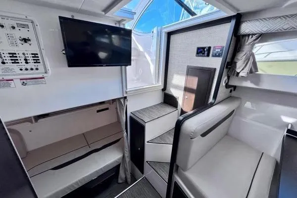 Seanior Moment Yacht Photos Pics Interior of 2022 Stamas 370 Aegean boat with modern seating and entertainment system.