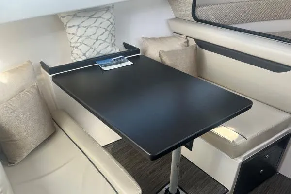 Seanior Moment Yacht Photos Pics 2022 Stamas 370 Aegean interior with sleek dining area and comfortable seating.