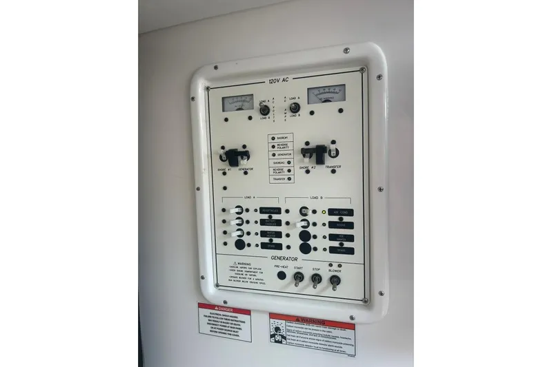 Seanior Moment Yacht Photos Pics Electrical control panel on 2022 Stamas 370 Aegean boat, featuring switches and meters.