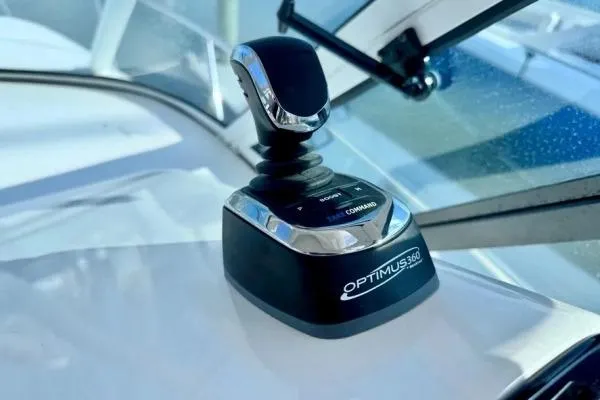 Seanior Moment Yacht Photos Pics Joystick control on 2022 Stamas 370 Aegean boat, featuring Optimus 360 system.