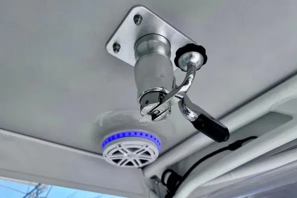 Seanior Moment Yacht Photos Pics Ceiling-mounted handle and speaker on 2022 Stamas 370 Aegean boat.