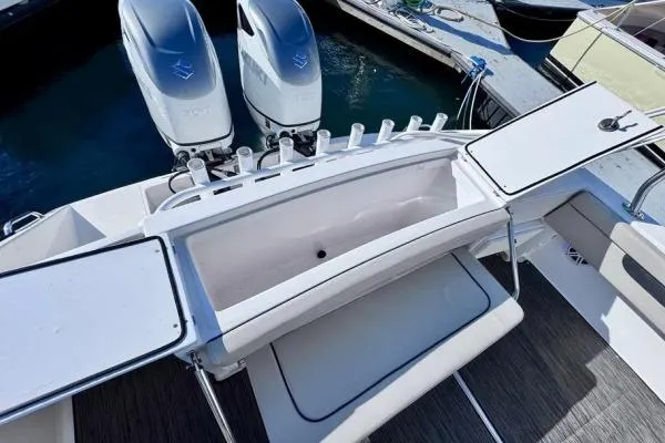 Seanior Moment Yacht Photos Pics 2022 Stamas 370 Aegean boat with dual engines and open storage compartments.