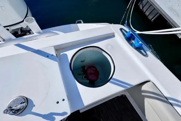 Seanior Moment Yacht Photos Pics 2022 Stamas 370 Aegean boat deck with circular storage compartment.