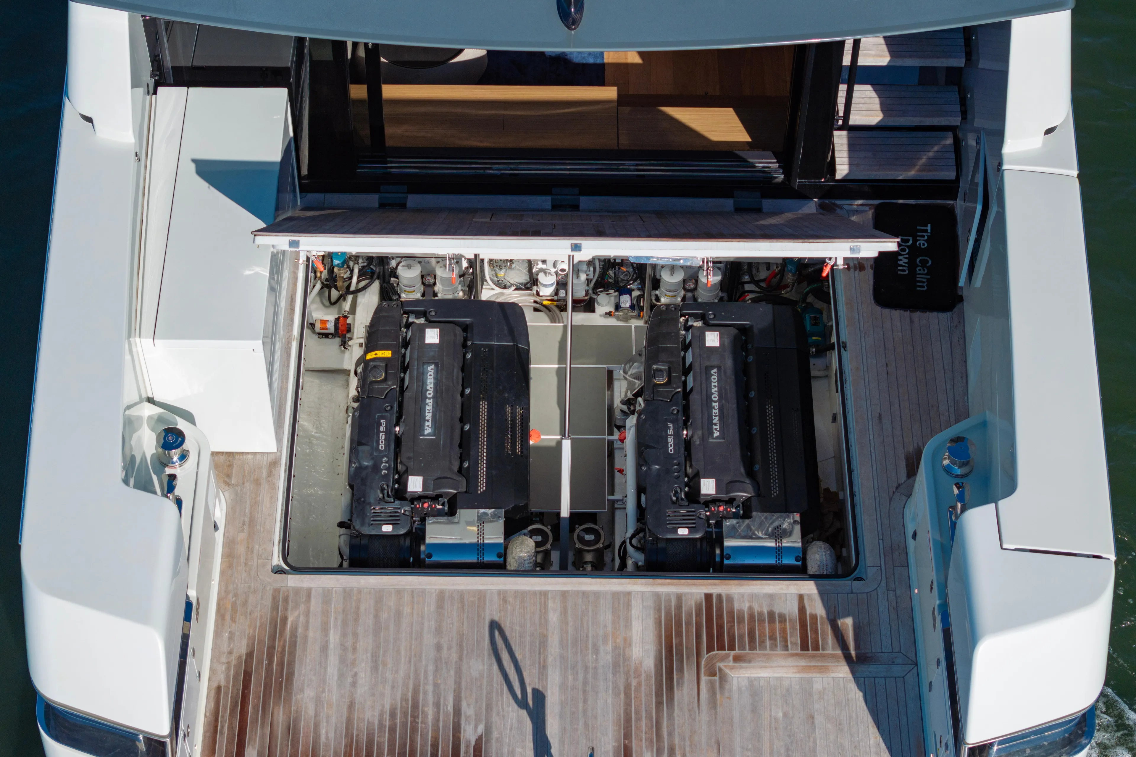 The Calm Down Yacht Photos Pics 2024 Bluegame BGX63 yacht engine compartment with twin Volvo Penta engines.