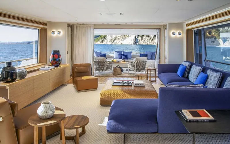  Yacht Photos Pics Luxurious interior of 2024 Custom Line Navetta 30 yacht with ocean view and elegant furnishings.