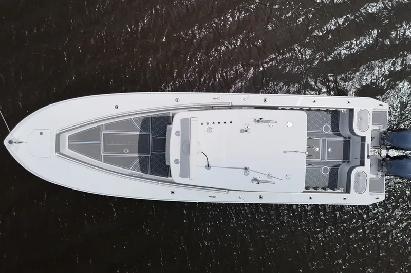  Yacht Photos Pics Aerial view of 2013 SeaHunter 33 Tournament boat on water.