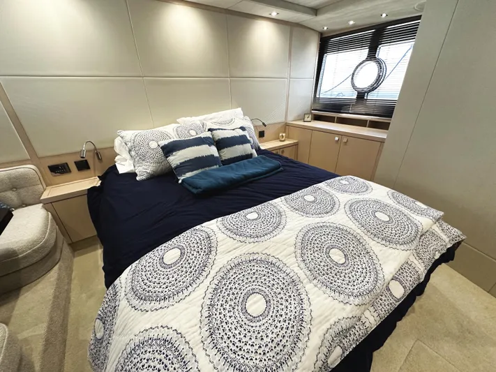 Tucker II Yacht Photos Pics Luxurious bedroom interior of 2015 Sunseeker Predator 57 yacht with elegant bedding and decor.