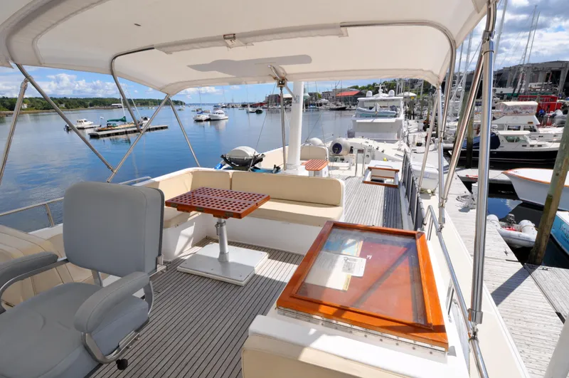  Yacht Photos Pics Flybridge of 2000 Grand Banks Heritage Europa 52 yacht docked at marina.
