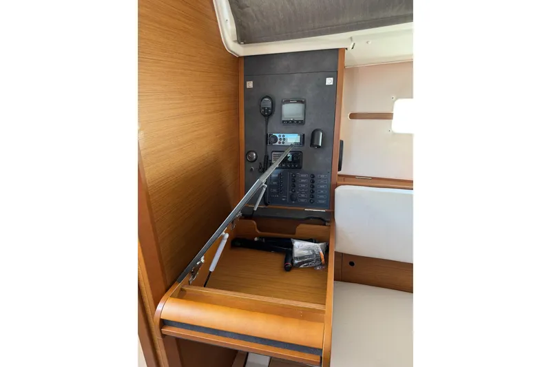  Yacht Photos Pics Control panel of 2020 Jeanneau Sun Odyssey 349 sailboat interior.