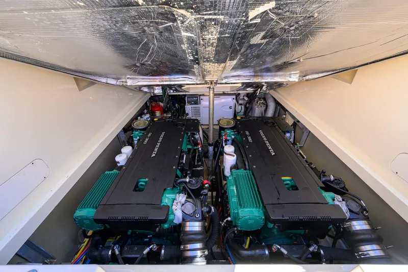 Cara Mia Yacht Photos Pics Engine compartment of 2010 Hinckley Picnic Boat 37 MKIII with twin engines.