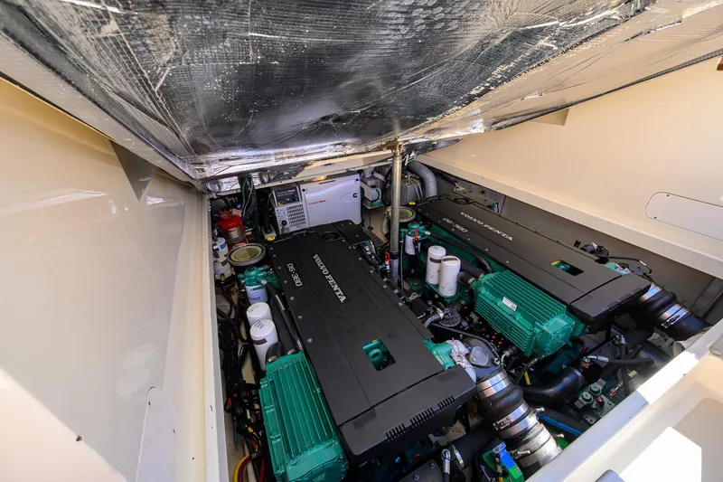 Cara Mia Yacht Photos Pics Engine compartment of a 2010 Hinckley Picnic Boat 37 MKIII with twin diesel engines.