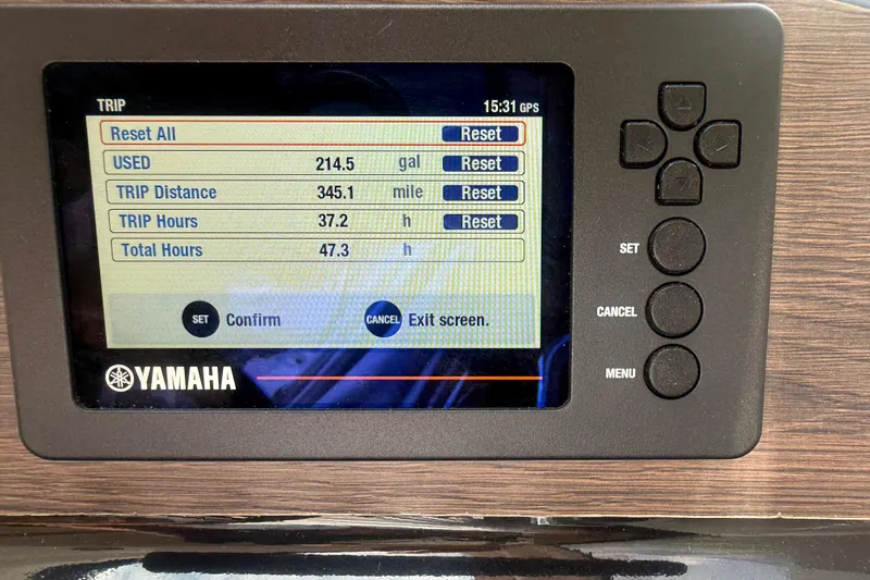  Yacht Photos Pics Yamaha trip computer display on 2020 Cutwater C-24, showing fuel usage and trip details.