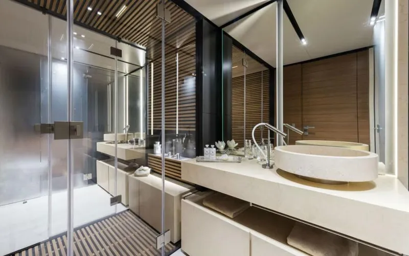  Yacht Photos Pics Luxurious bathroom in 2024 Custom Line Navetta 33 yacht, featuring modern design and elegant fixtures.