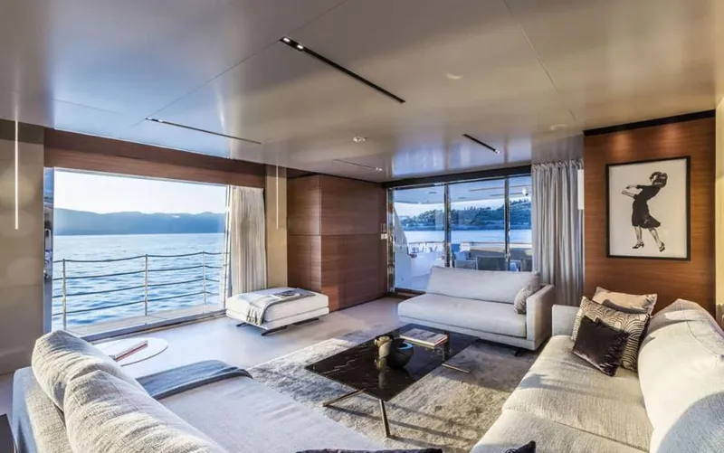  Yacht Photos Pics Luxurious interior of 2024 Custom Line Navetta 33 yacht with panoramic ocean views.