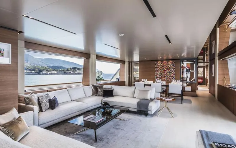  Yacht Photos Pics Luxurious interior of 2024 Custom Line Navetta 33 yacht with elegant seating and panoramic views.