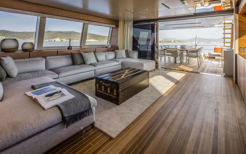  Yacht Photos Pics Luxurious interior of 2024 Custom Line Navetta 33 yacht with spacious seating and ocean view.