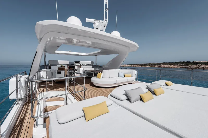  Yacht Photos Pics Luxurious 2025 Azimut Grande 27M yacht with spacious deck and elegant seating.