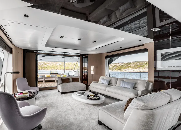  Yacht Photos Pics Luxurious interior of 2025 Azimut Grande 27M yacht with modern furnishings and scenic views.