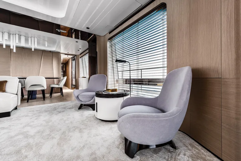  Yacht Photos Pics Luxurious interior of 2025 Azimut Grande 27M yacht with modern seating and elegant decor.