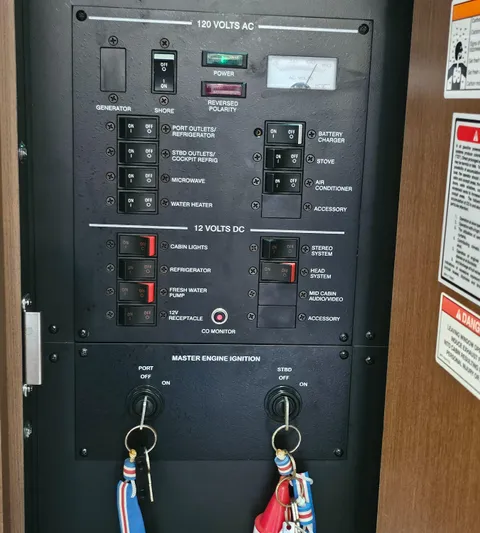  Yacht Photos Pics Electrical control panel of a 2013 Sea Ray 310 Sundancer boat.