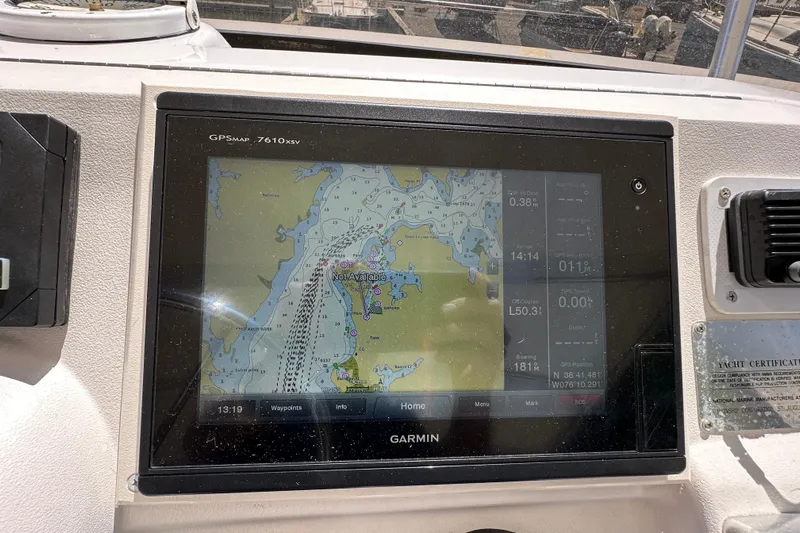  Yacht Photos Pics Garmin GPS display on 2000 Mainship 43 Trawler Aft Cabin, showing nautical chart.