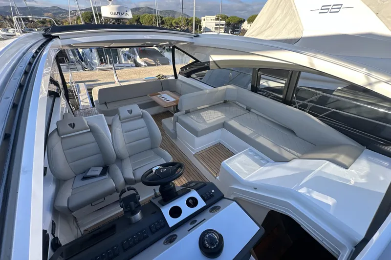  Yacht Photos Pics Luxurious 2021 Fairline Targa 45 Open yacht interior with plush seating and modern helm.